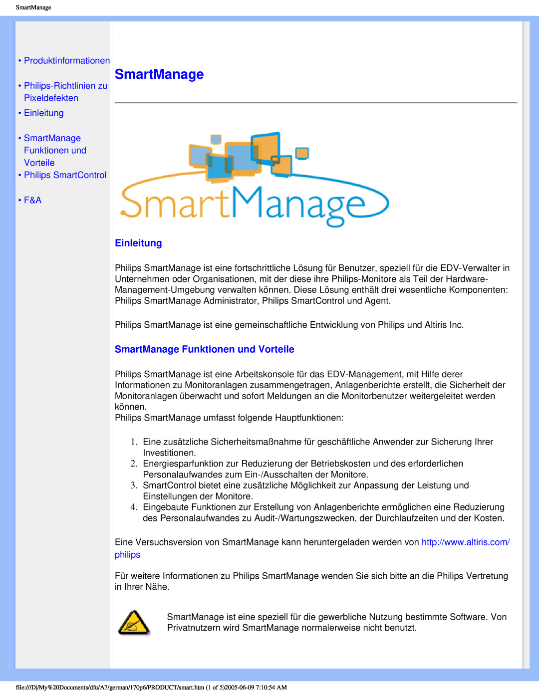 Philips 170p6 Einleitung, SmartManage Funktionen und Vorteile, •Produktinformationen, • Philips SmartControl • F&A 