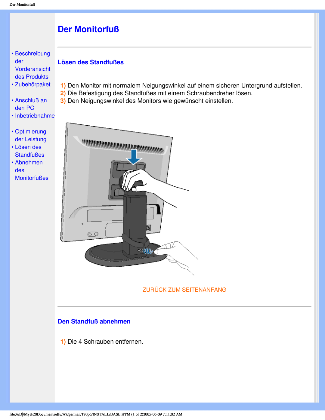 Philips 170p6 user manual Der Monitorfuß, Lösen des Standfußes, Den Standfuß abnehmen 