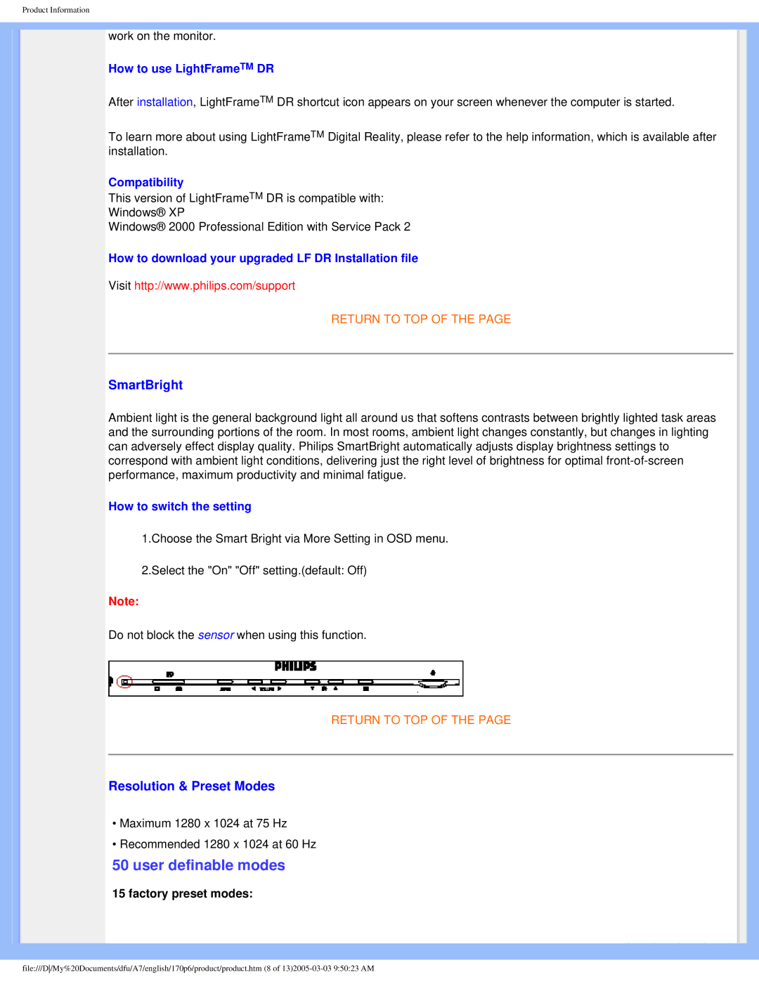 Philips 170p6 user manual User definable modes 