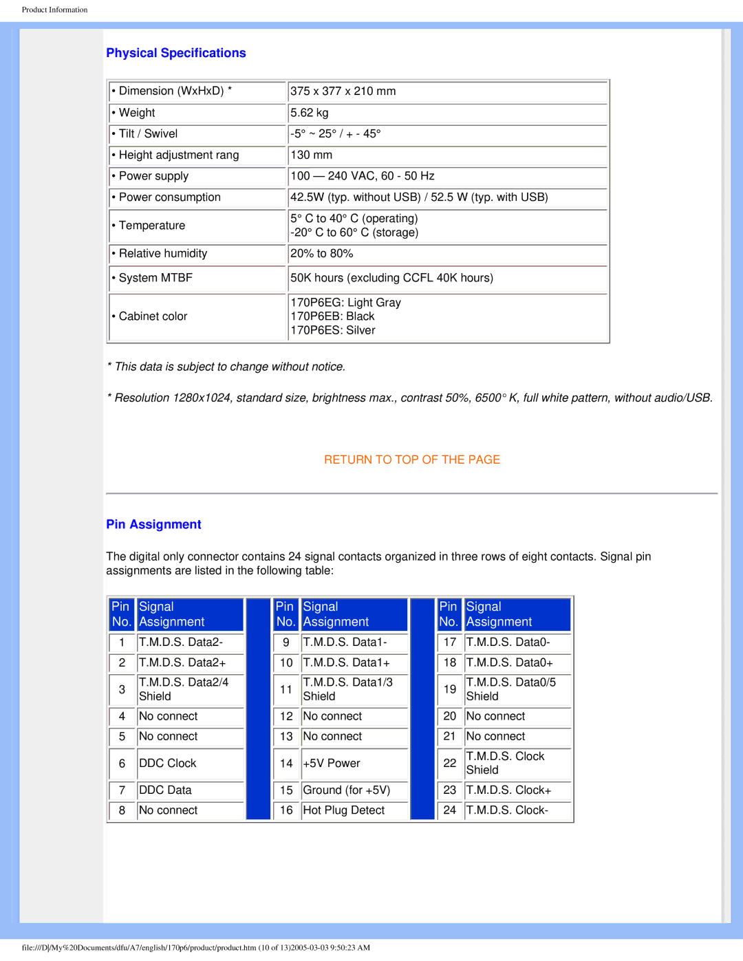 Philips 170p6 user manual Physical Specifications 