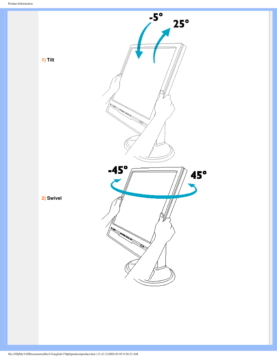 Philips 170p6 user manual Tilt Swivel 