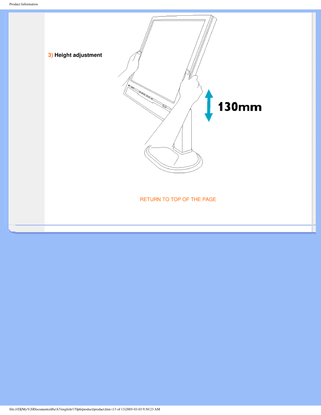 Philips 170p6 user manual Height adjustment 