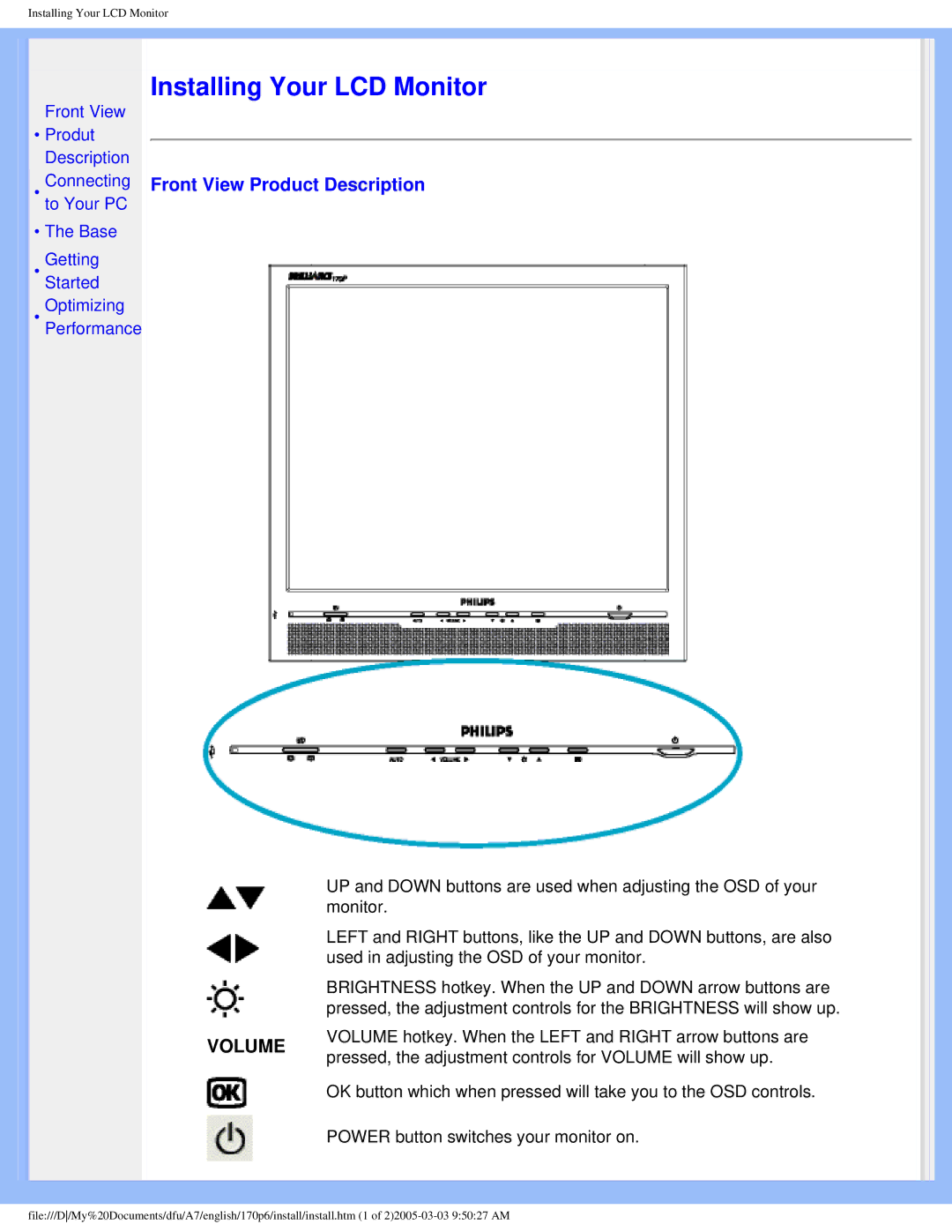 Philips 170p6 user manual Installing Your LCD Monitor, Front View Product Description 