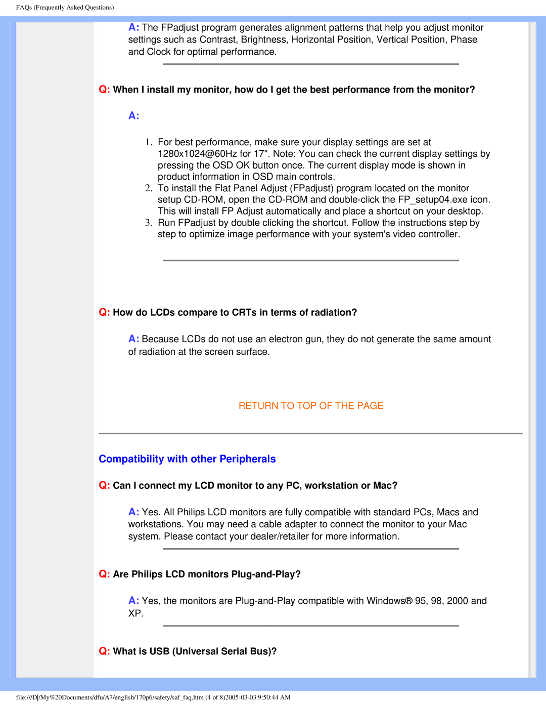 Philips 170p6 user manual Compatibility with other Peripherals, How do LCDs compare to CRTs in terms of radiation? 