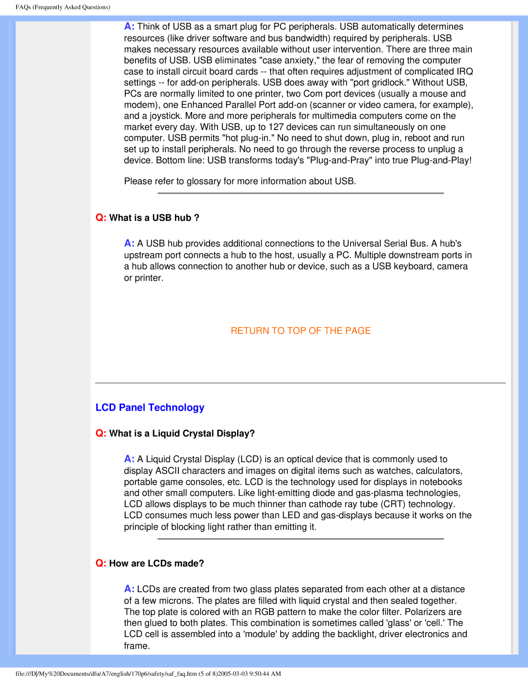 Philips 170p6 user manual LCD Panel Technology, What is a USB hub ?, What is a Liquid Crystal Display?, How are LCDs made? 