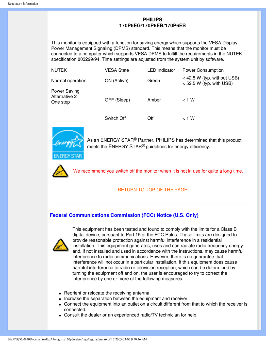 Philips 170p6 user manual Philips, Federal Communications Commission FCC Notice U.S. Only 