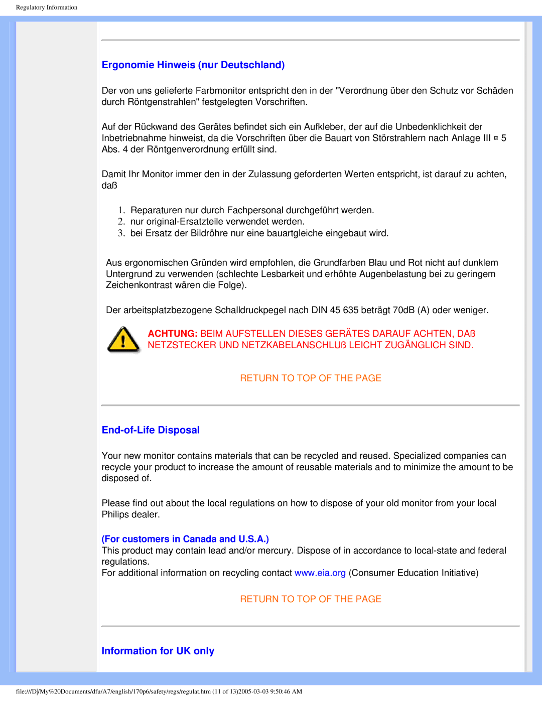 Philips 170p6 user manual Ergonomie Hinweis nur Deutschland, End-of-Life Disposal, Information for UK only 