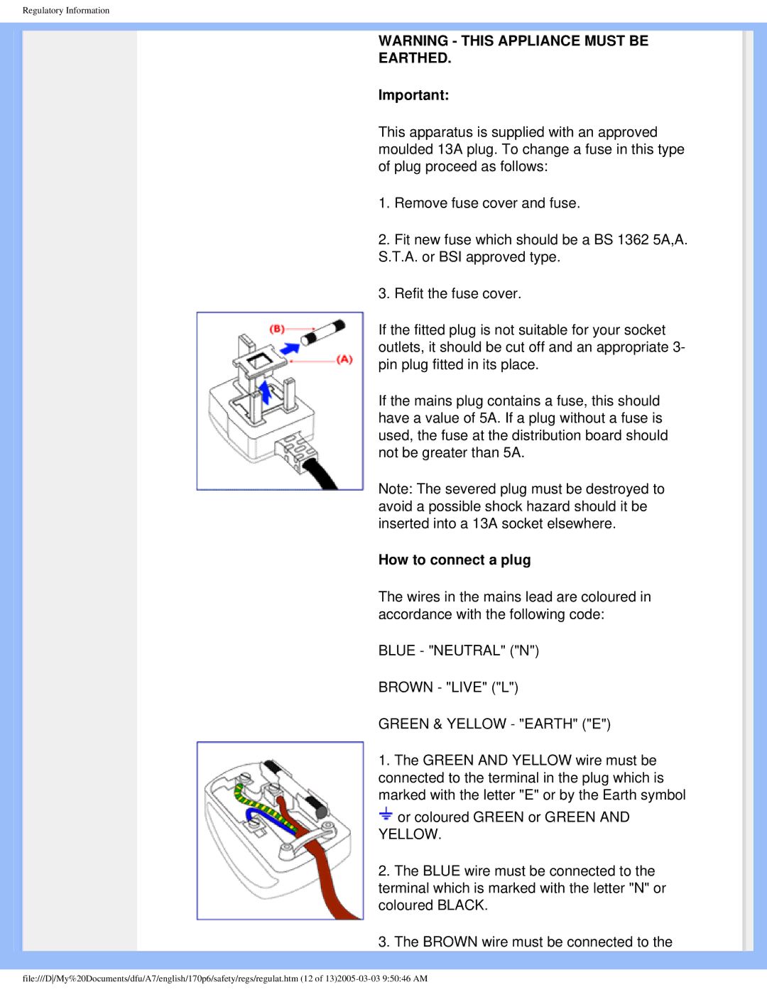 Philips 170p6 user manual Earthed 