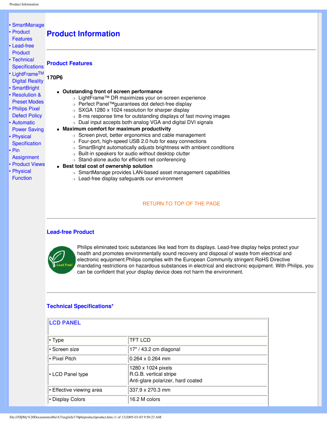 Philips 170p6 user manual Product Information, 170P6 