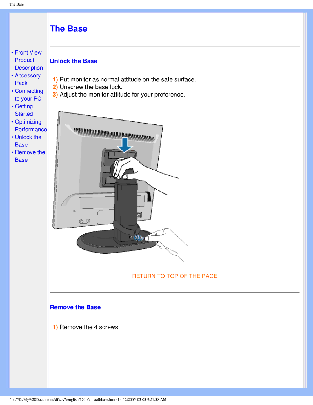 Philips 170p6 user manual Unlock the Base, Remove the Base 