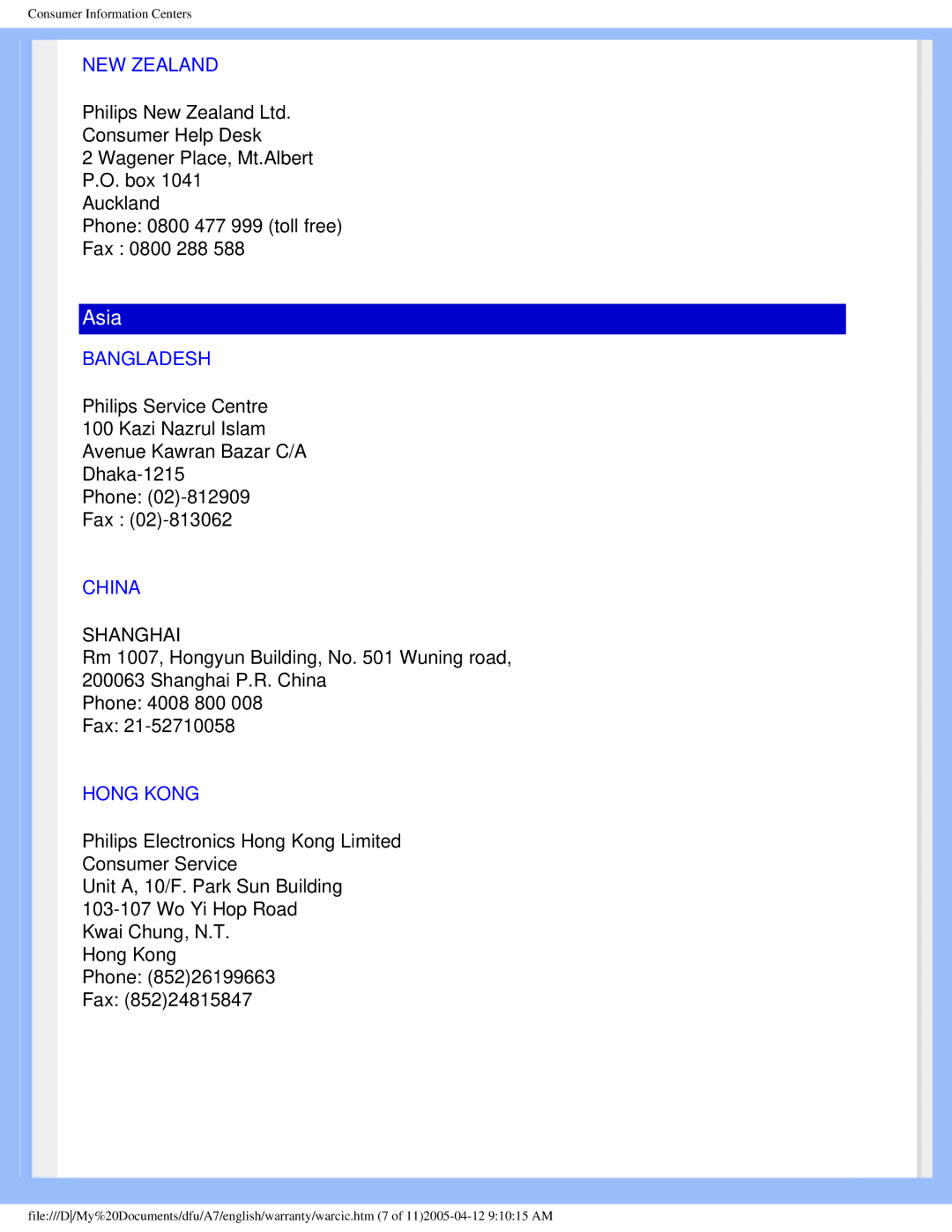 Philips 170p6 user manual NEW Zealand, Bangladesh, China, Hong Kong 