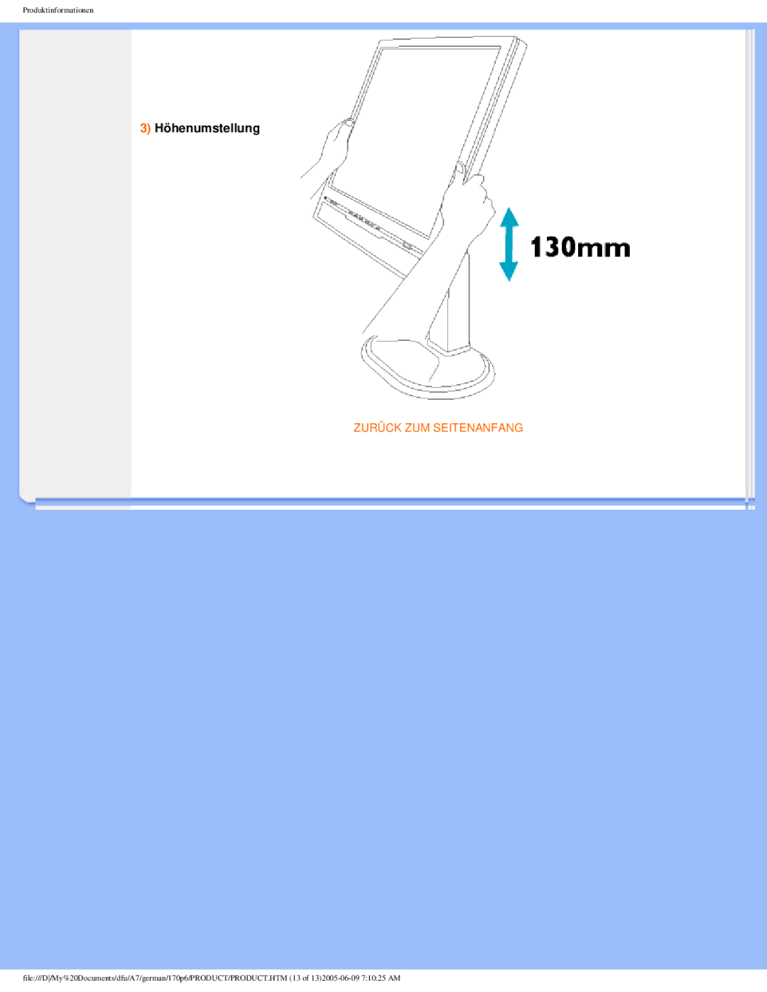 Philips 170p6 user manual Höhenumstellung 