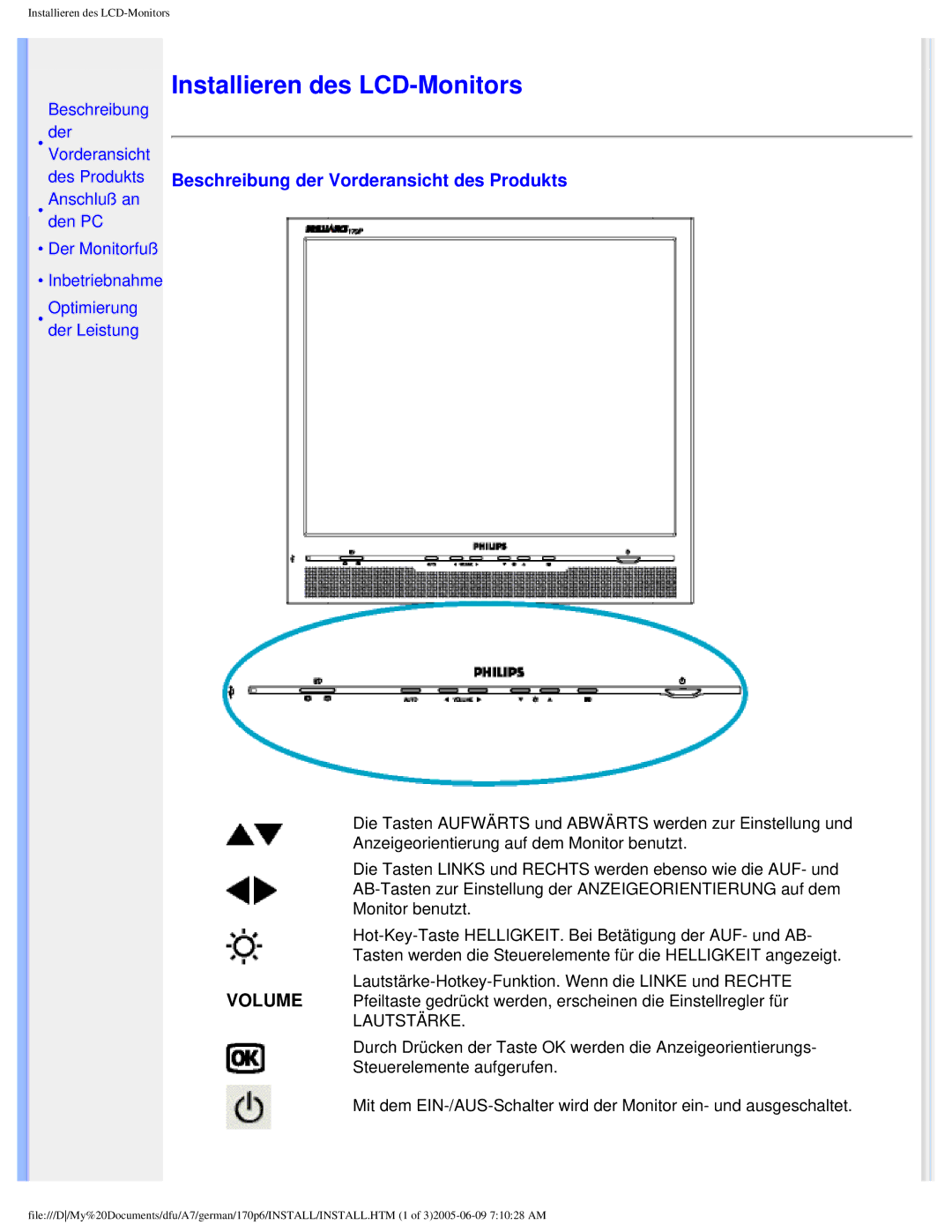 Philips 170p6 user manual Installieren des LCD-Monitors, Beschreibung der Vorderansicht des Produkts 