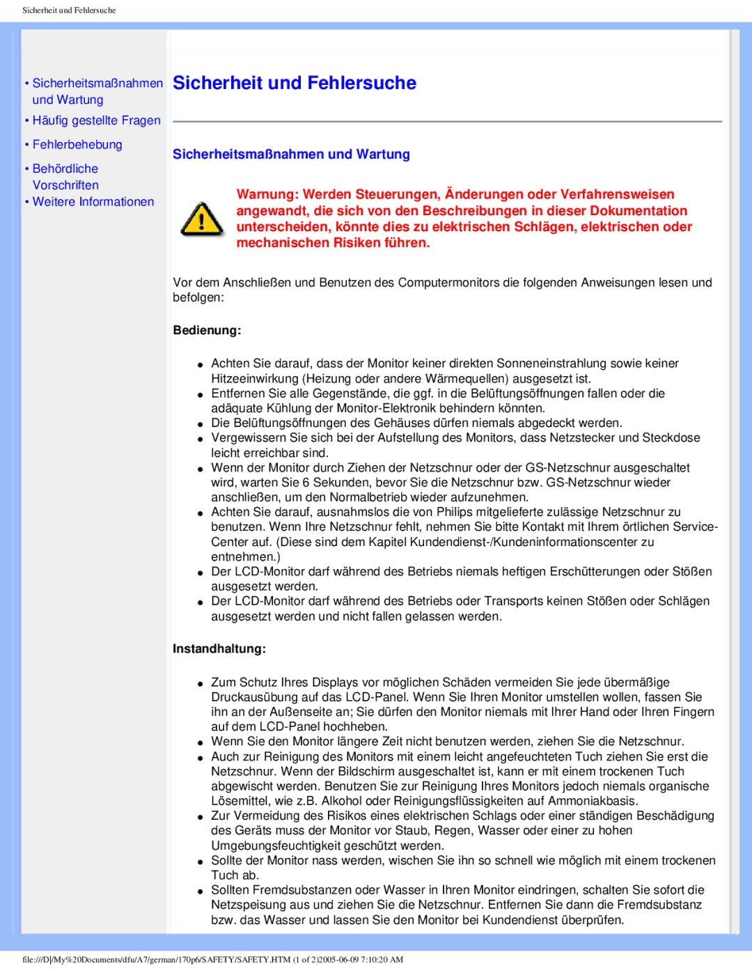 Philips 170p6 user manual Sicherheit und Fehlersuche, Sicherheitsmaßnahmen und Wartung 