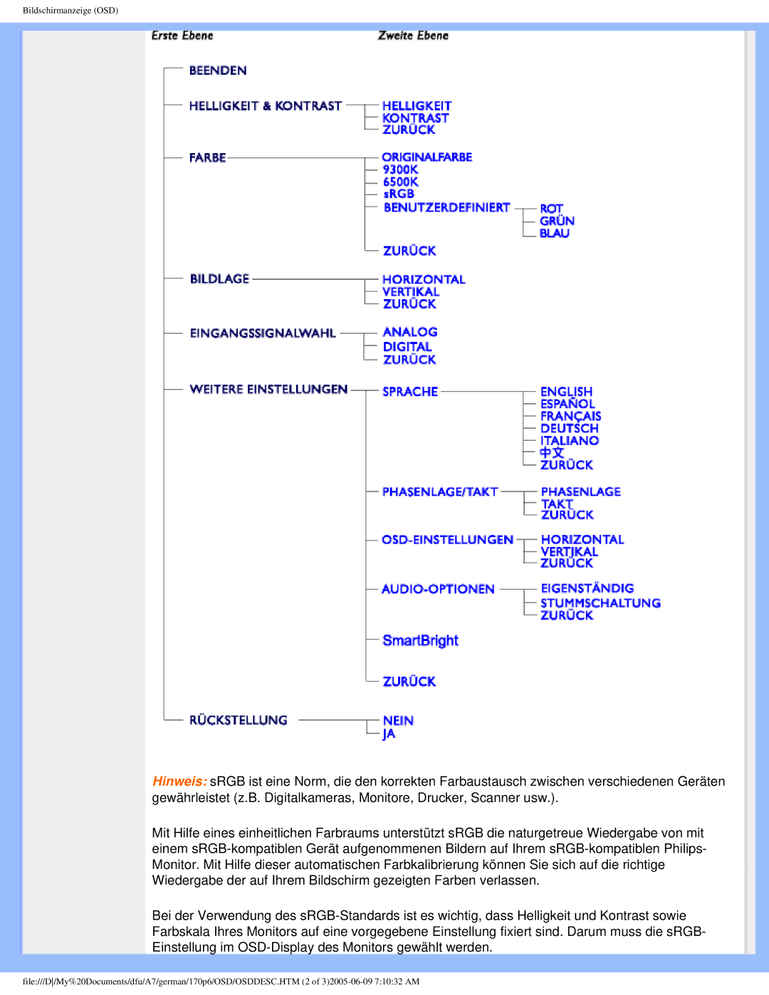 Philips 170p6 user manual Bildschirmanzeige OSD 