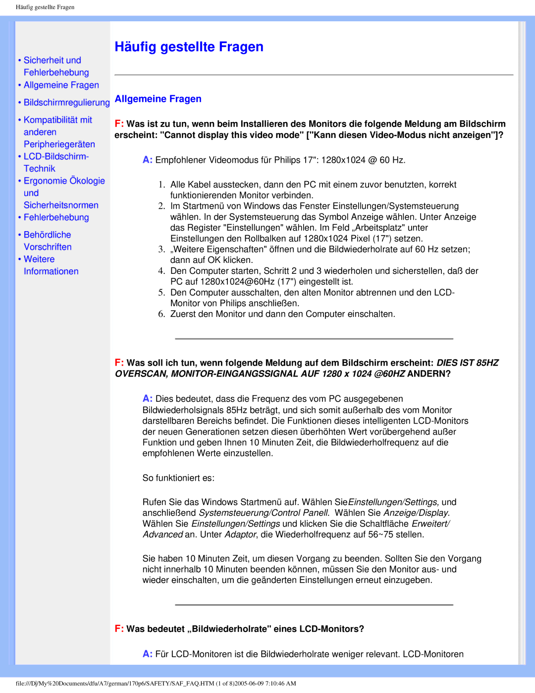 Philips 170p6 user manual Allgemeine Fragen, Was bedeutet „Bildwiederholrate eines LCD-Monitors? 