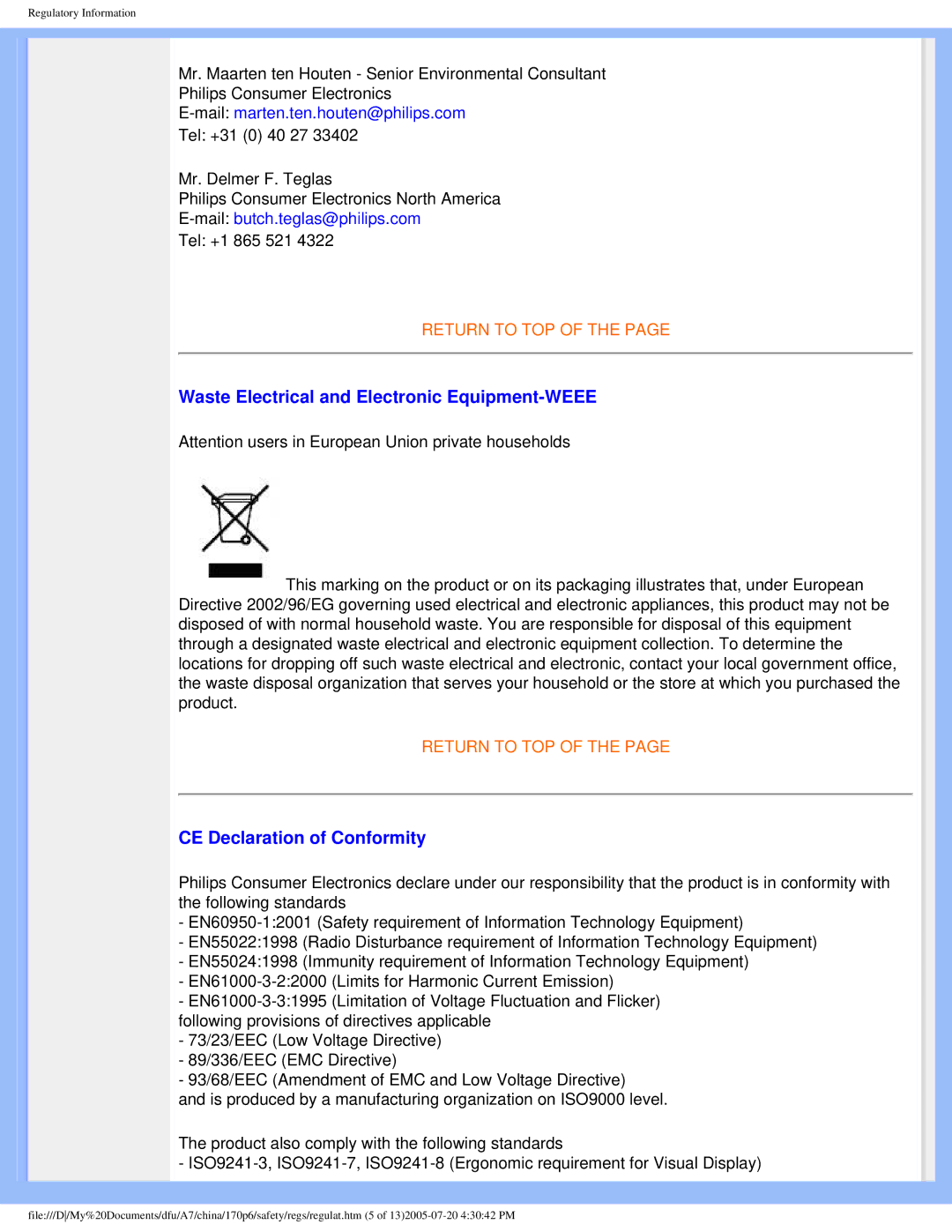 Philips 170p6 user manual Waste Electrical and Electronic Equipment-WEEE, CE Declaration of Conformity 