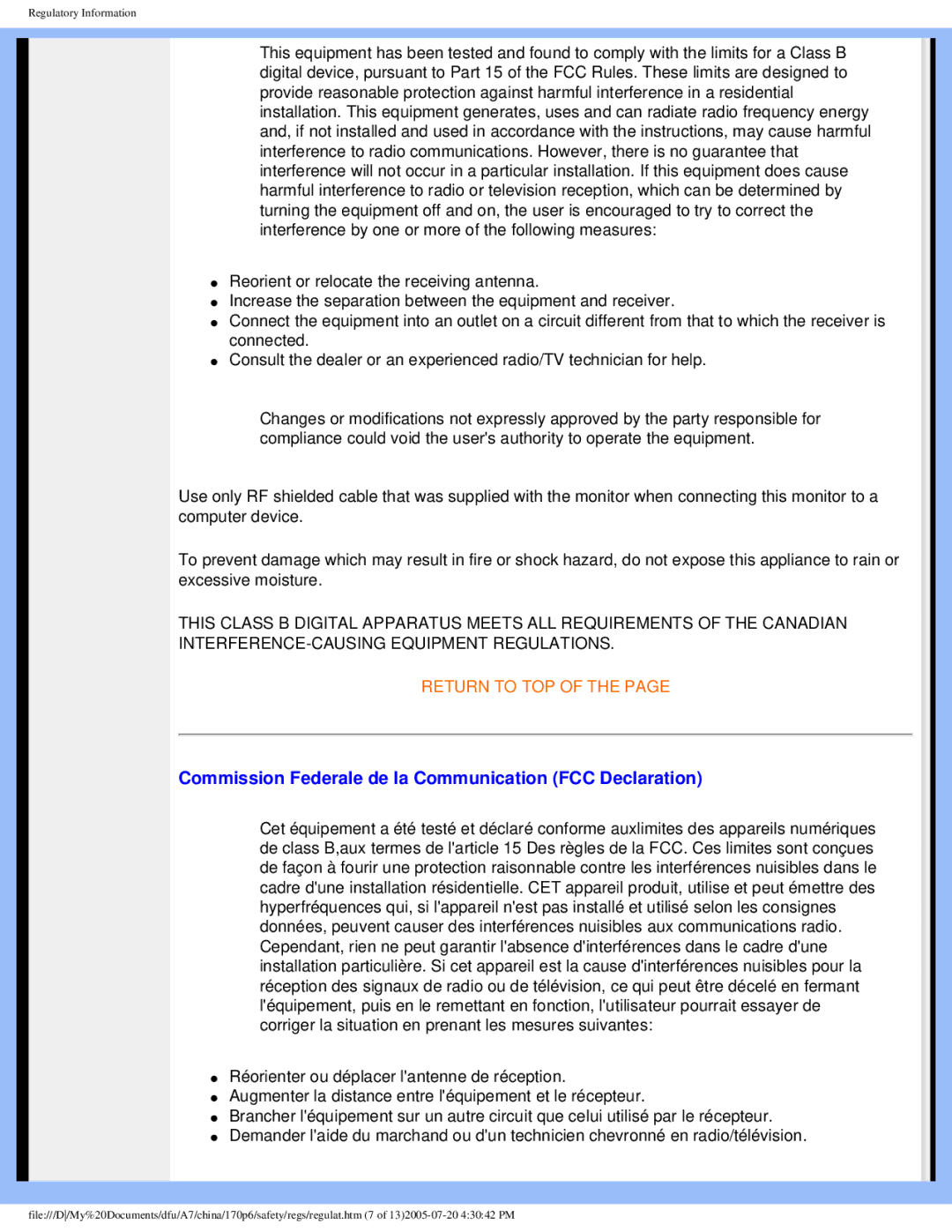 Philips 170p6 user manual Commission Federale de la Communication FCC Declaration 