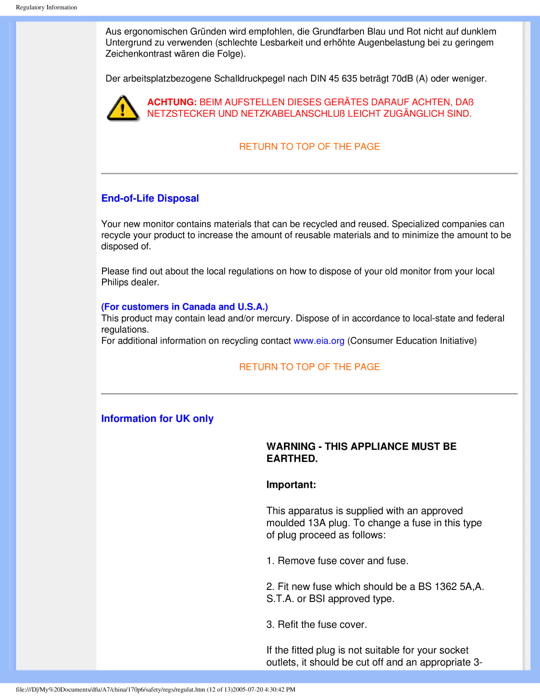 Philips 170p6 user manual End-of-Life Disposal, Information for UK only 