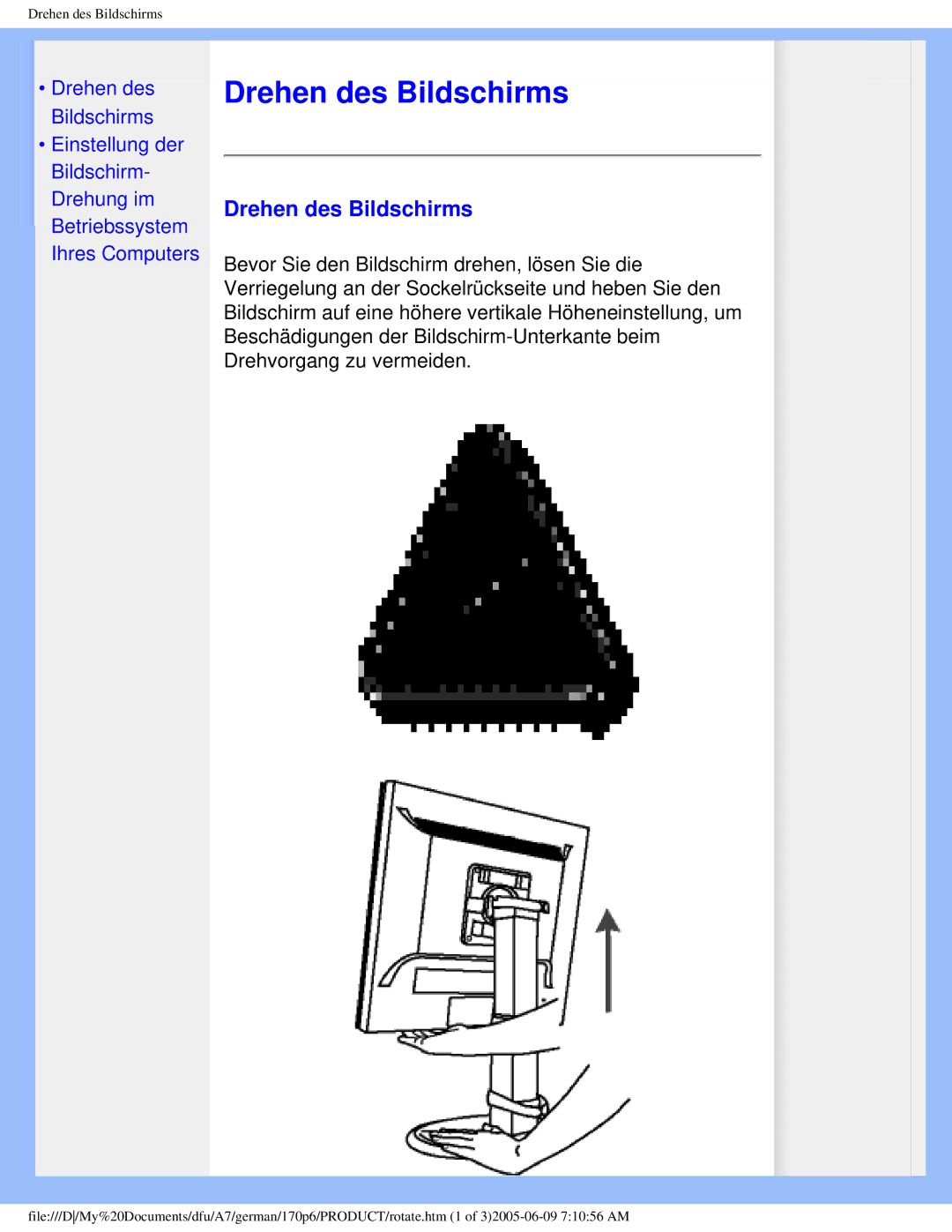 Philips 170p6 user manual Drehen des Bildschirms 