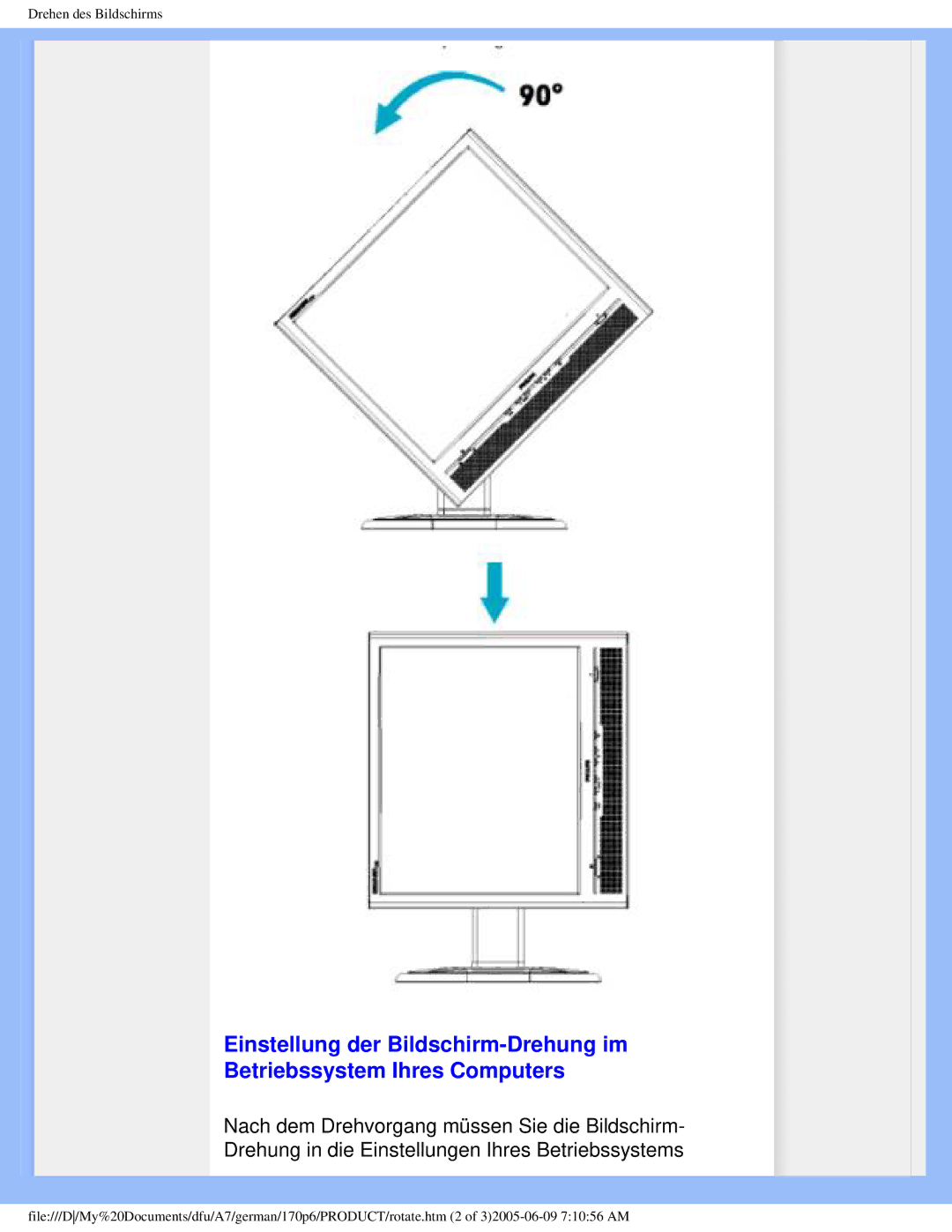 Philips 170p6 user manual Drehen des Bildschirms 