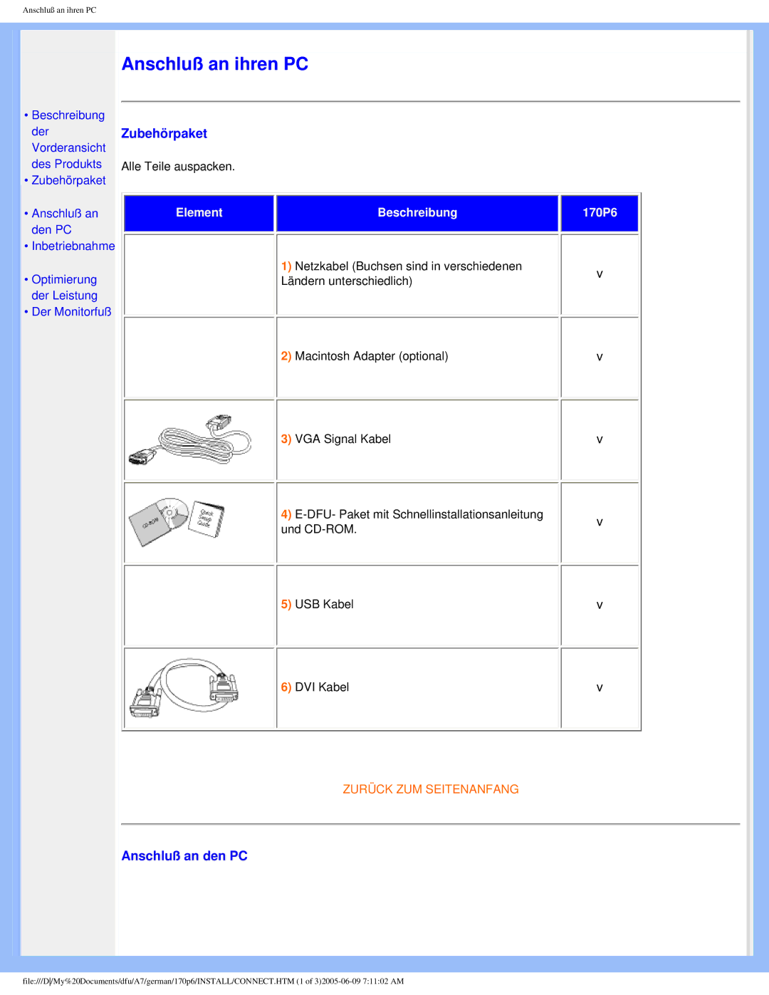 Philips 170p6 user manual Anschluß an ihren PC 