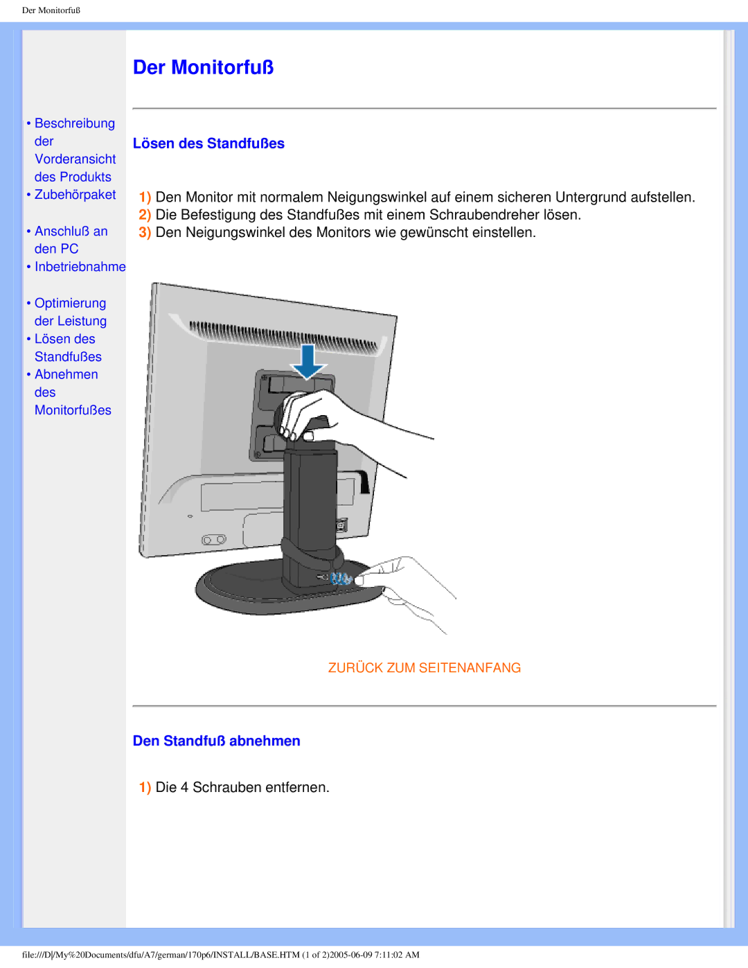 Philips 170p6 user manual Der Monitorfuß 