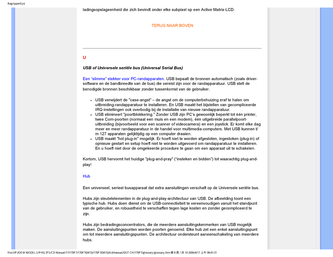 Philips 170P7 user manual USB of Universele seriële bus Universal Serial Bus 