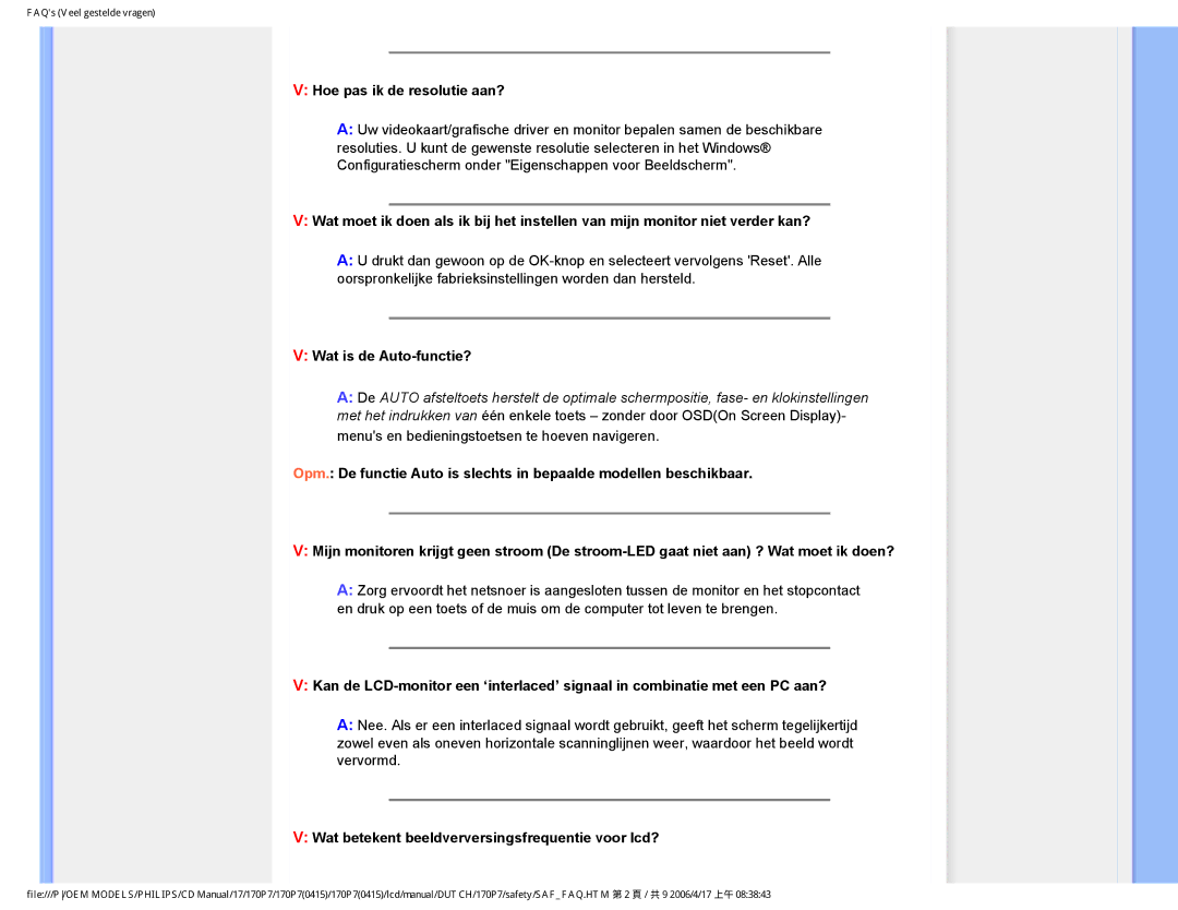 Philips 170P7 Hoe pas ik de resolutie aan?, Wat is de Auto-functie?, Wat betekent beeldverversingsfrequentie voor lcd? 