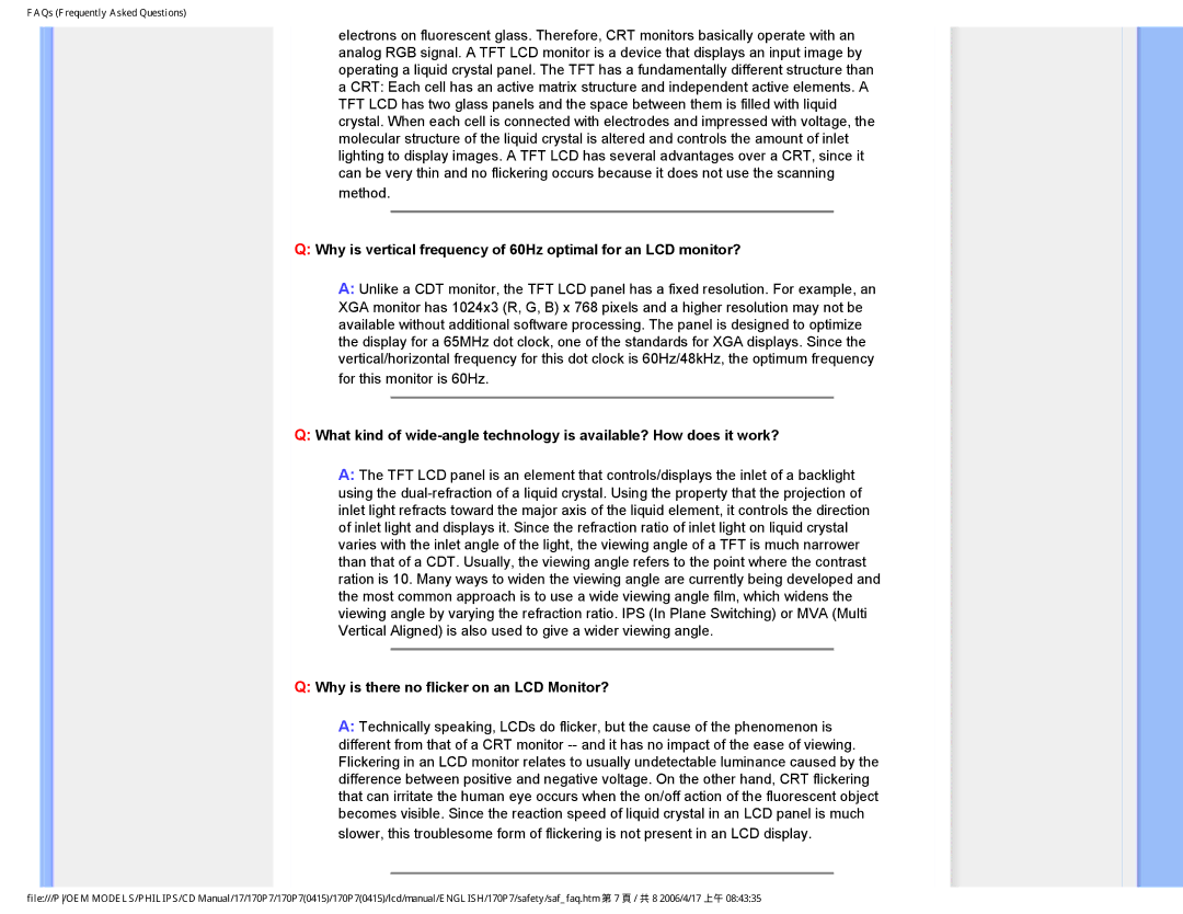 Philips 170P7 user manual Why is there no flicker on an LCD Monitor? 