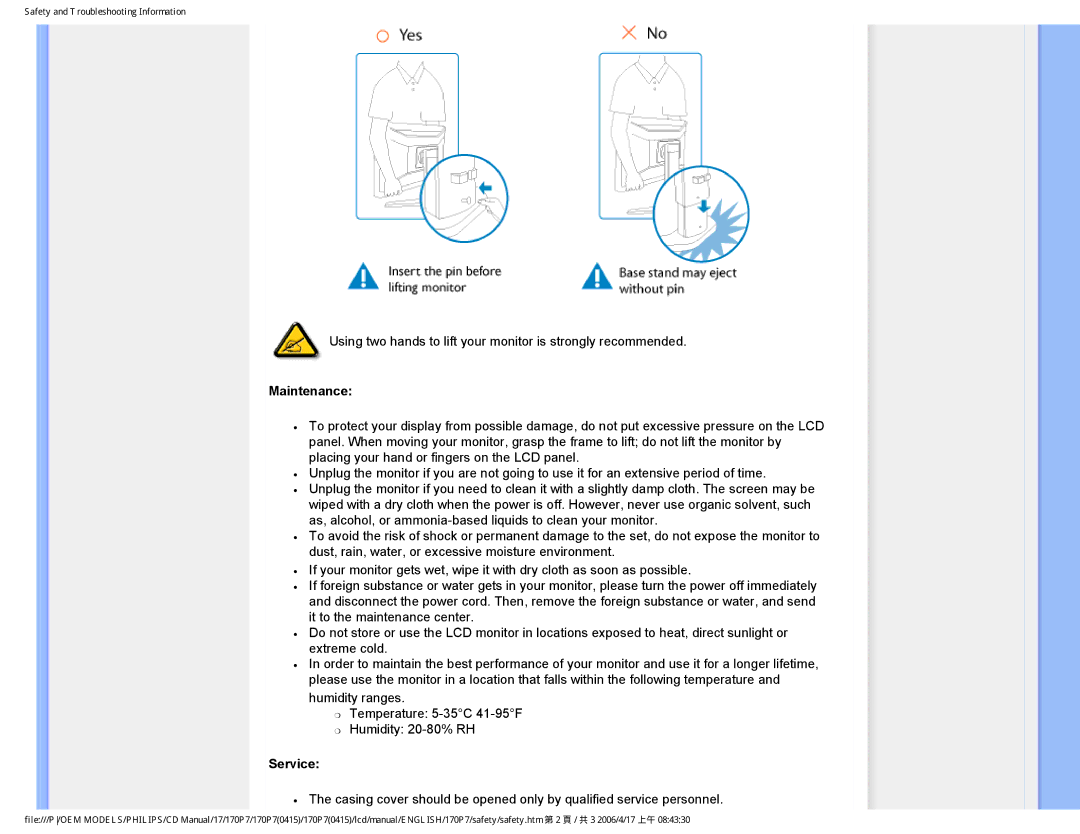 Philips 170P7 user manual Maintenance, Service 