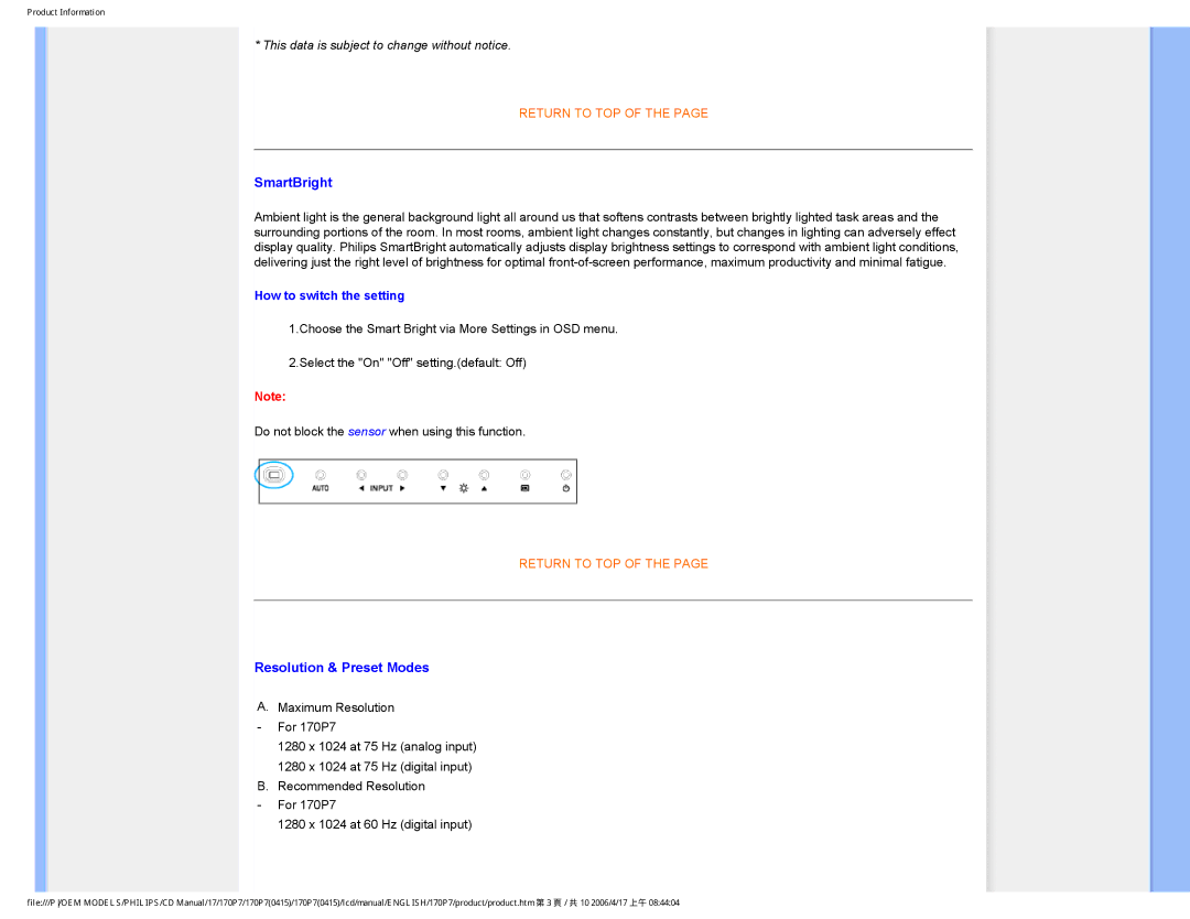 Philips 170P7 user manual SmartBright, How to switch the setting 