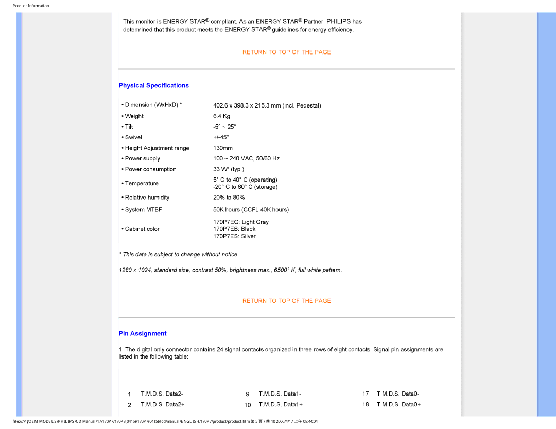 Philips 170P7 user manual Physical Specifications 