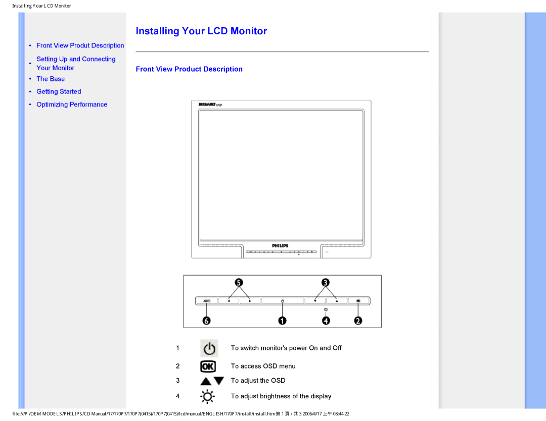 Philips 170P7 user manual Installing Your LCD Monitor, Front View Product Description 