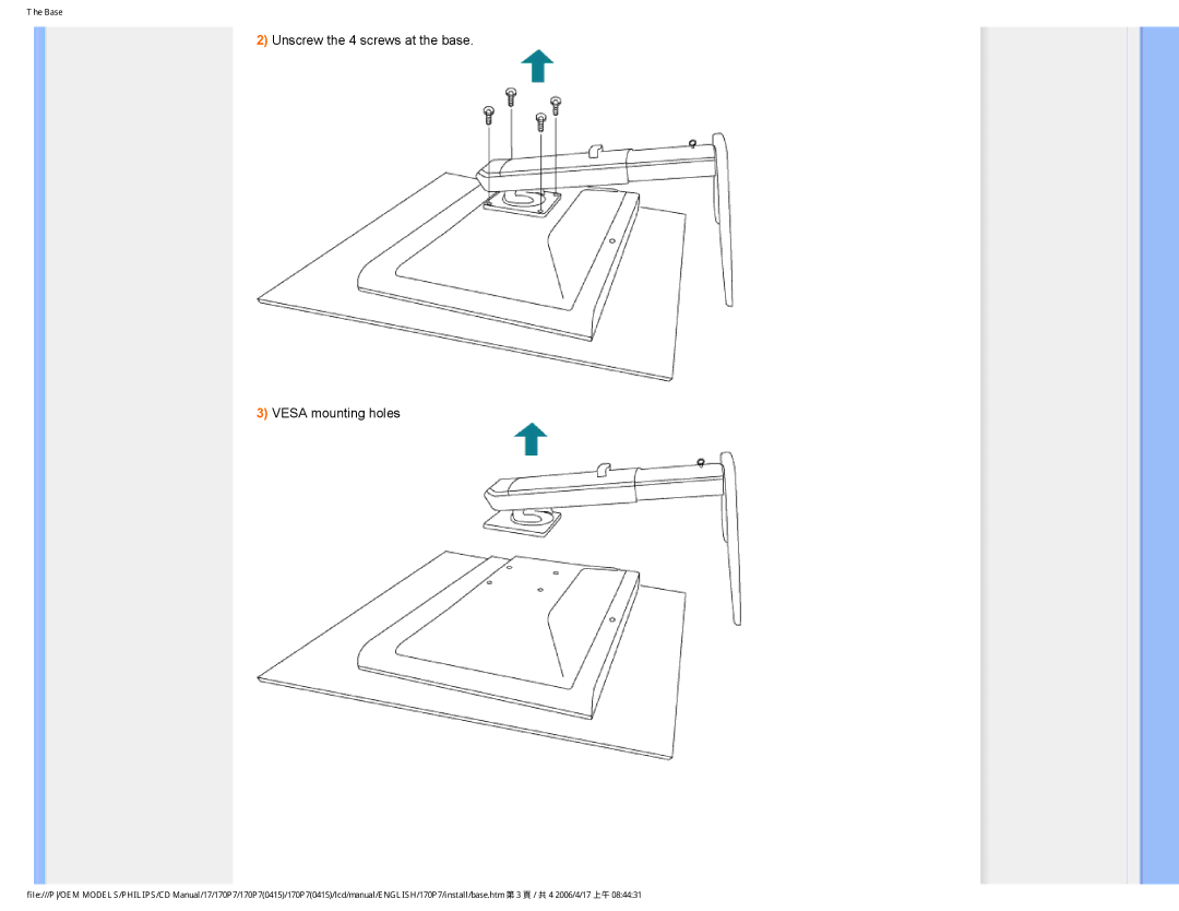 Philips 170P7 user manual Unscrew the 4 screws at the base Vesa mounting holes 