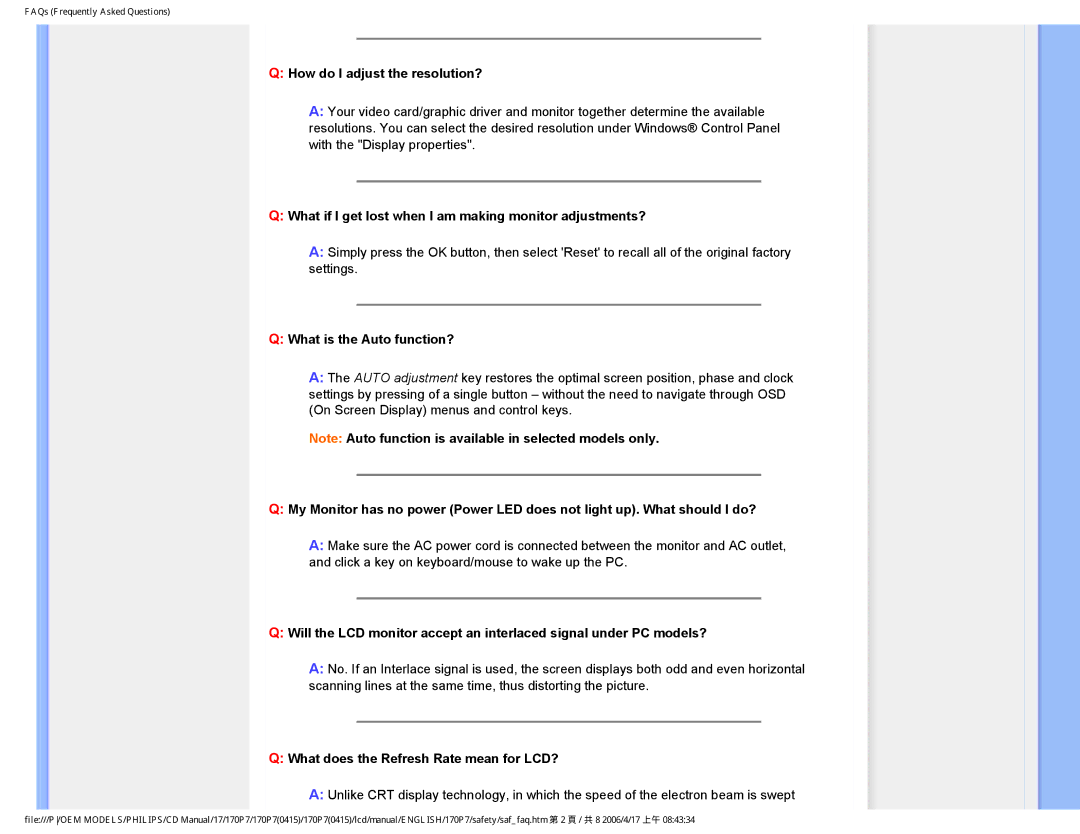 Philips 170P7 user manual How do I adjust the resolution?, What if I get lost when I am making monitor adjustments? 