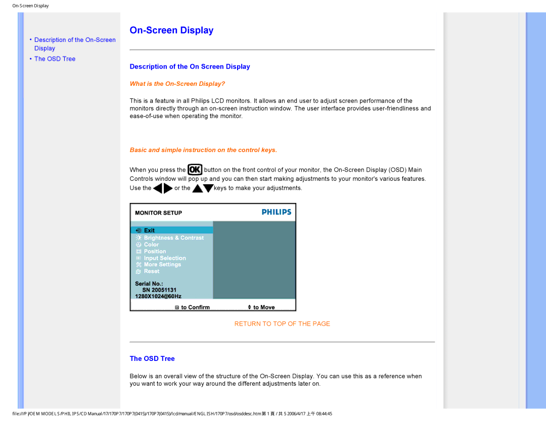 Philips 170P7 user manual On-Screen Display 