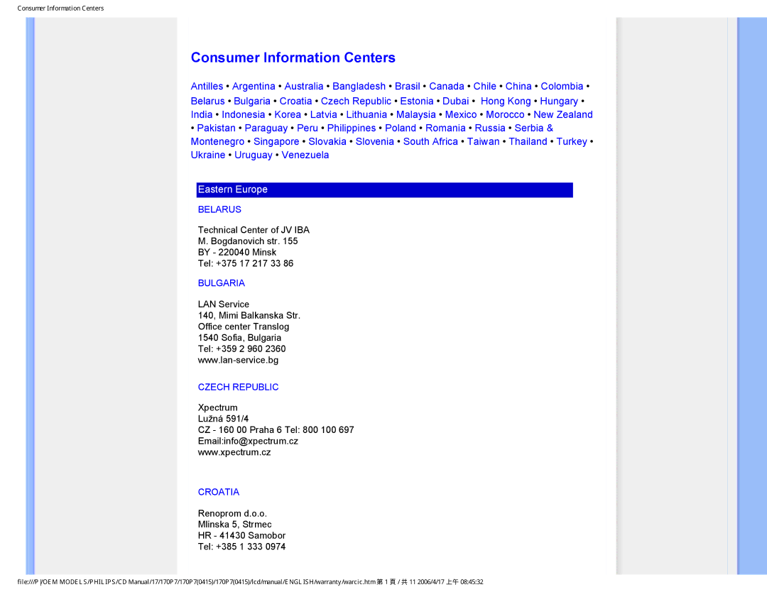 Philips 170P7 user manual Consumer Information Centers, Belarus, Bulgaria, Czech Republic, Croatia 