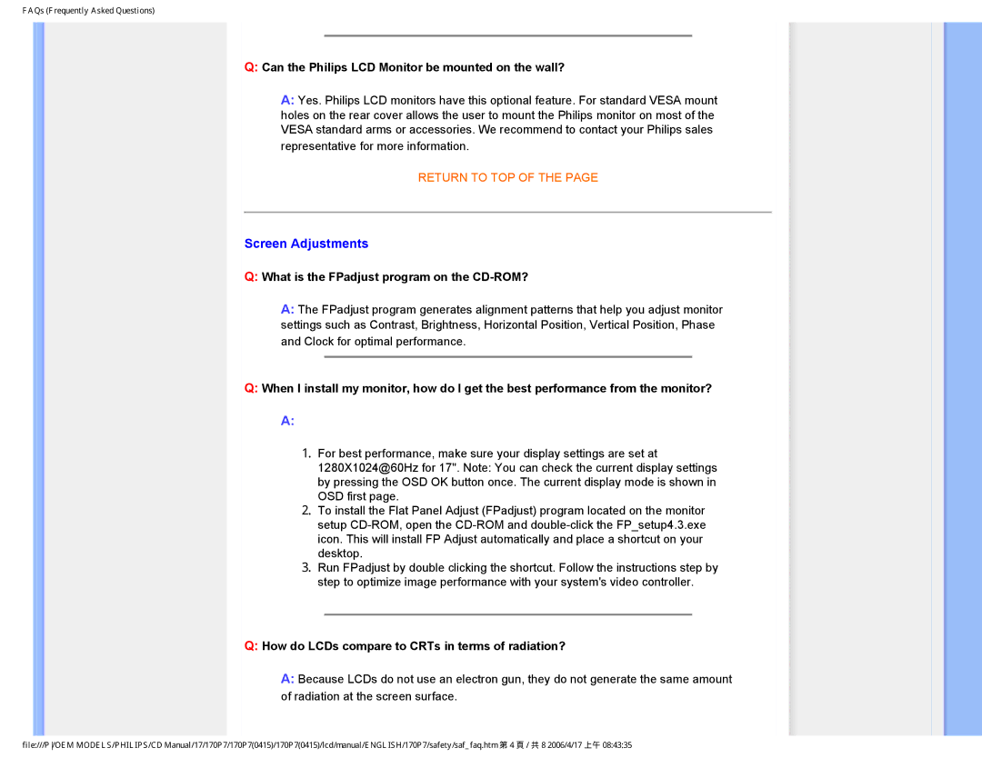 Philips 170P7 user manual Screen Adjustments, Can the Philips LCD Monitor be mounted on the wall? 