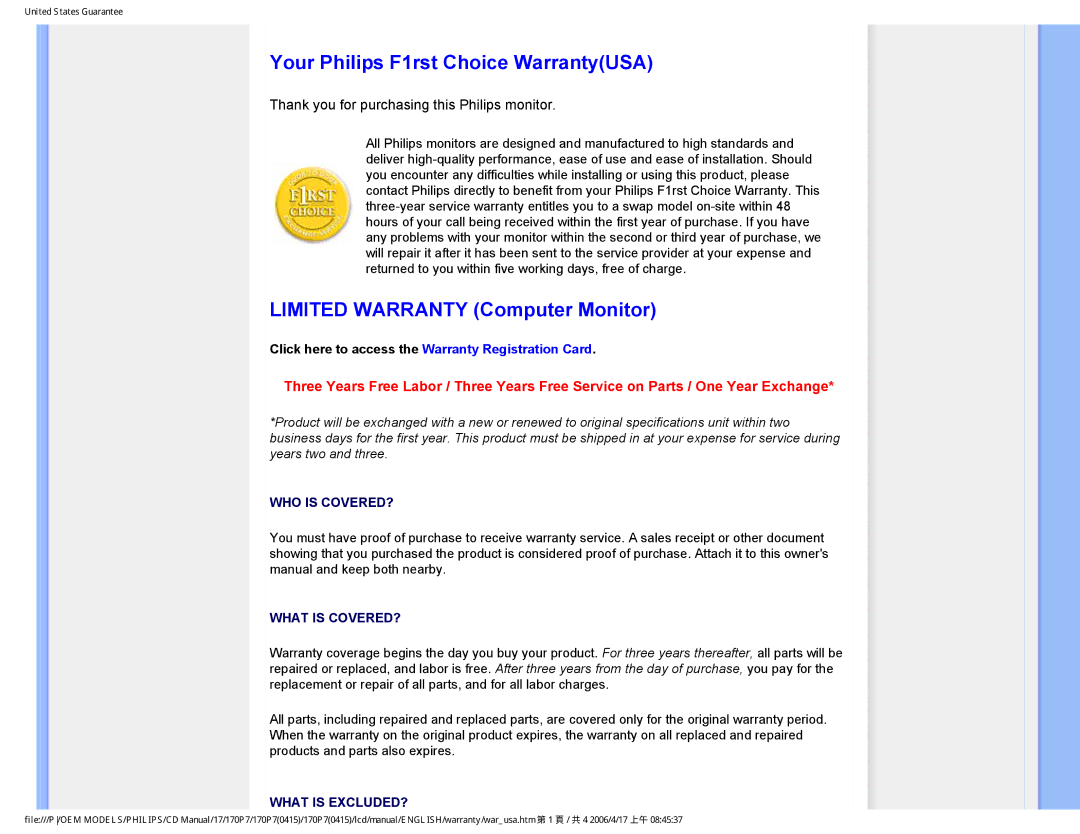 Philips 170P7 user manual Your Philips F1rst Choice WarrantyUSA, Limited Warranty Computer Monitor 