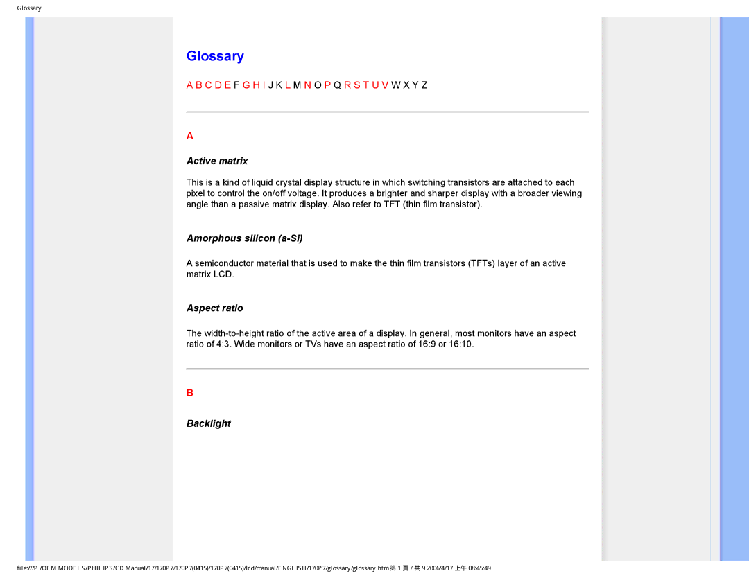 Philips 170P7 user manual Glossary, Active matrix 