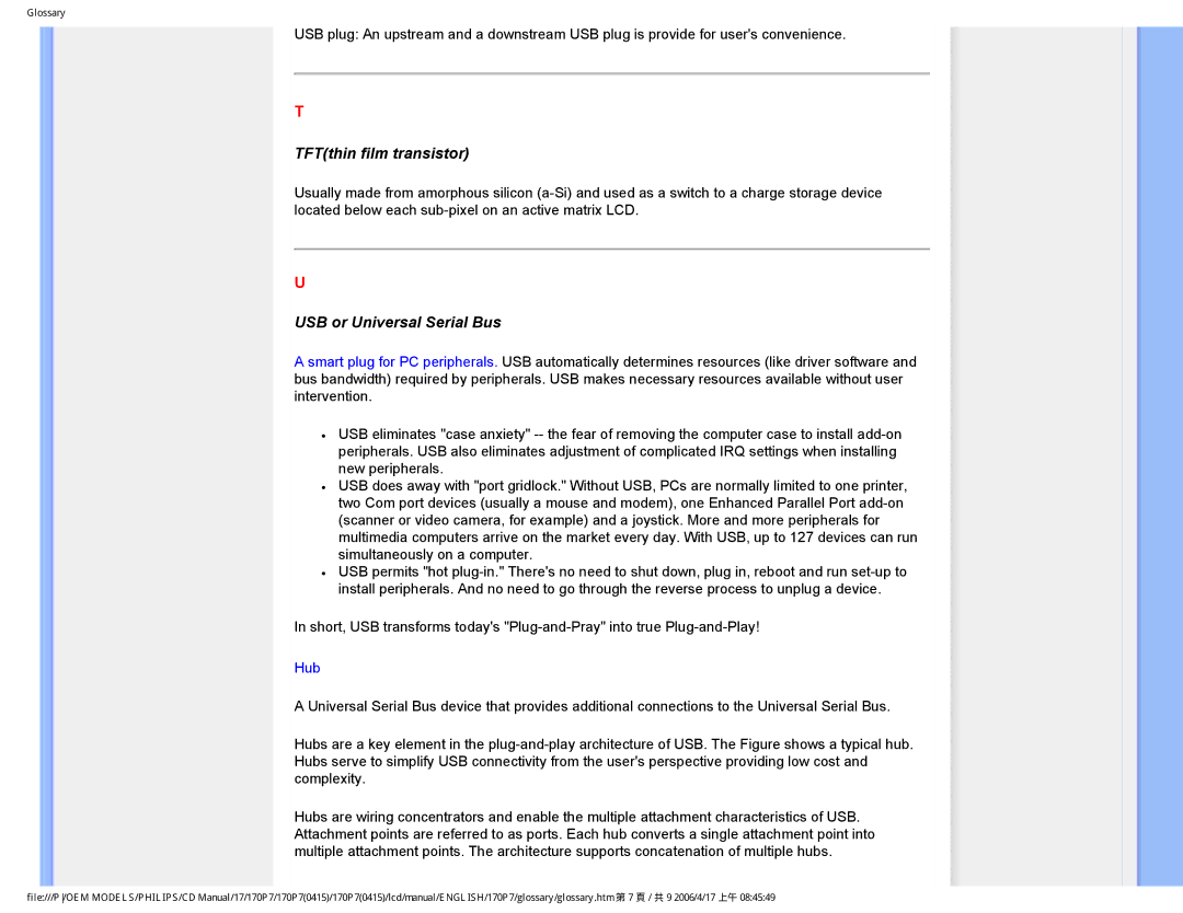 Philips 170P7 user manual TFTthin film transistor 