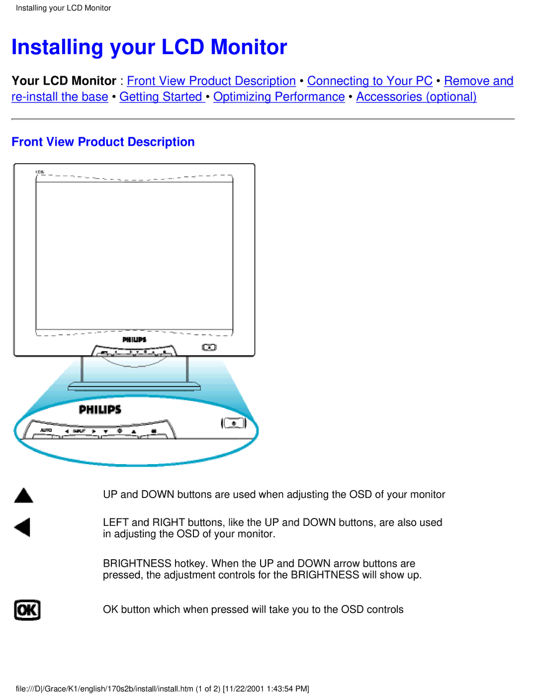 Philips 170S2B user manual Installing your LCD Monitor, Front View Product Description 