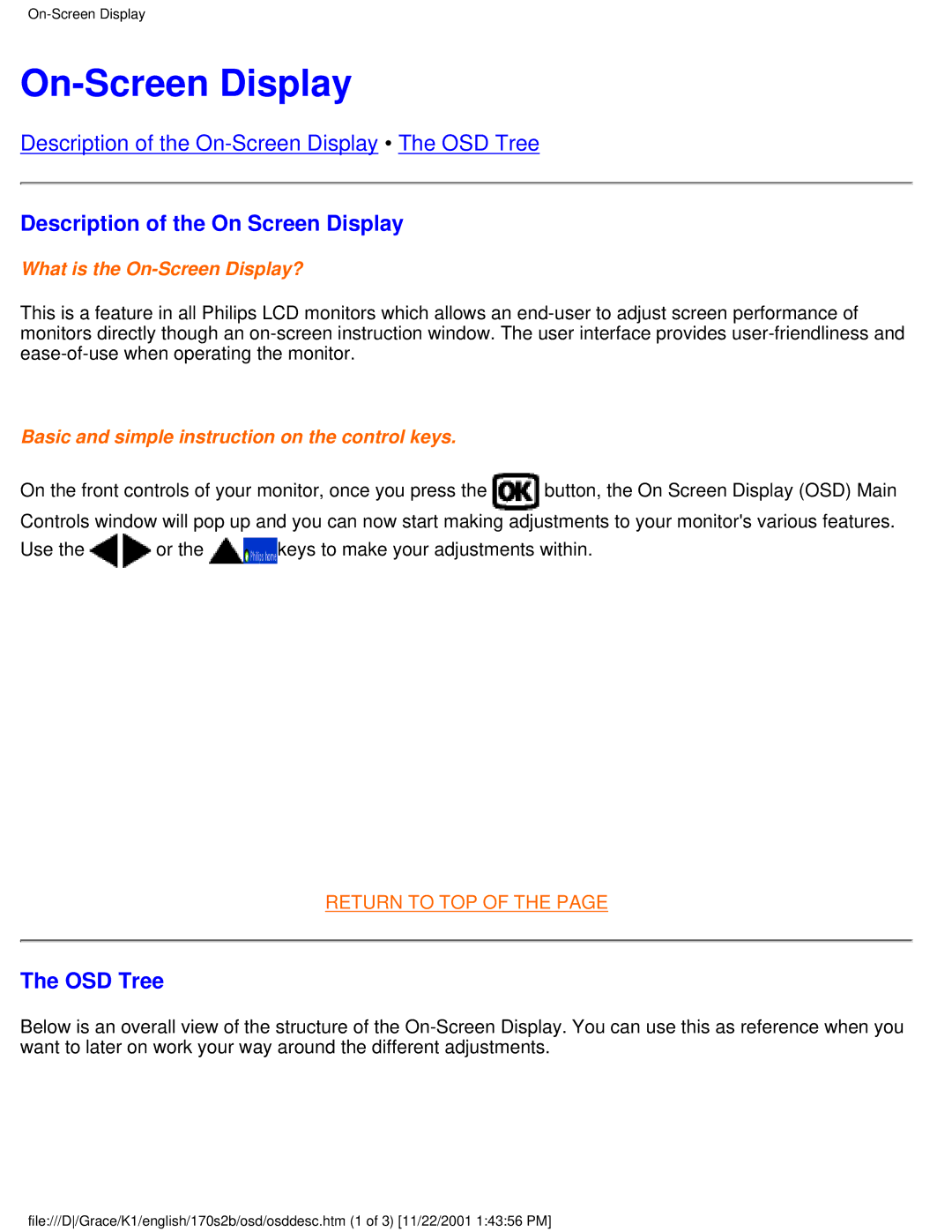 Philips 170S2B user manual On-Screen Display, Description of the On Screen Display, OSD Tree 