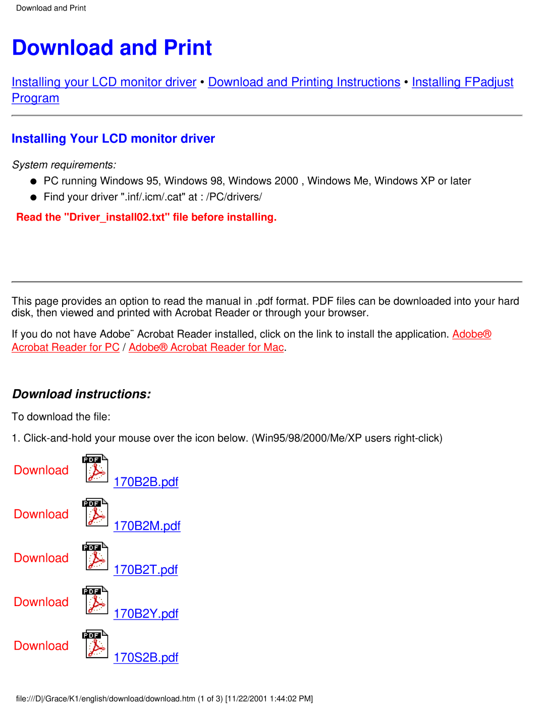 Philips 170S2B user manual Download and Print, Installing Your LCD monitor driver 