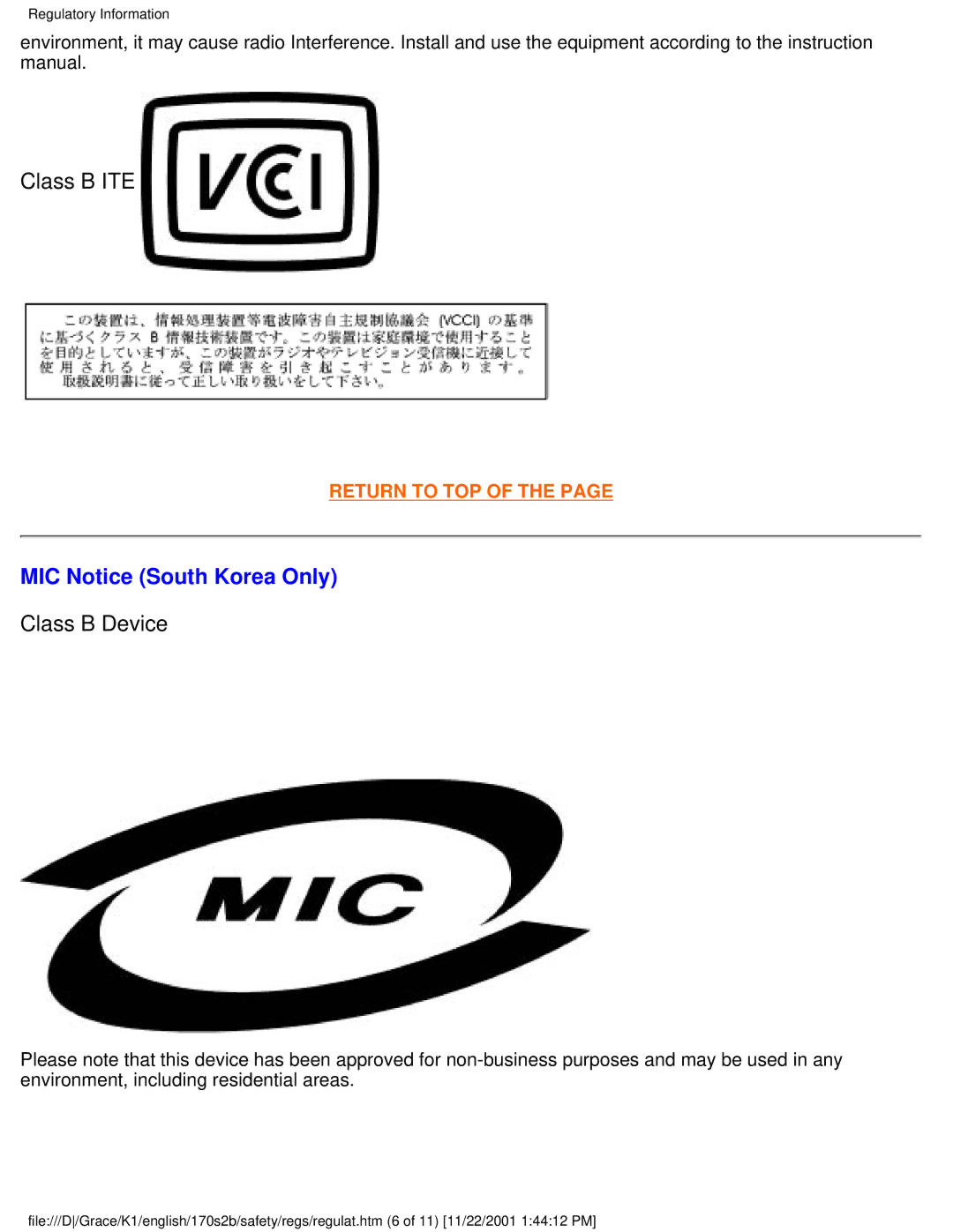 Philips 170S2B user manual MIC Notice South Korea Only, Class B Device 