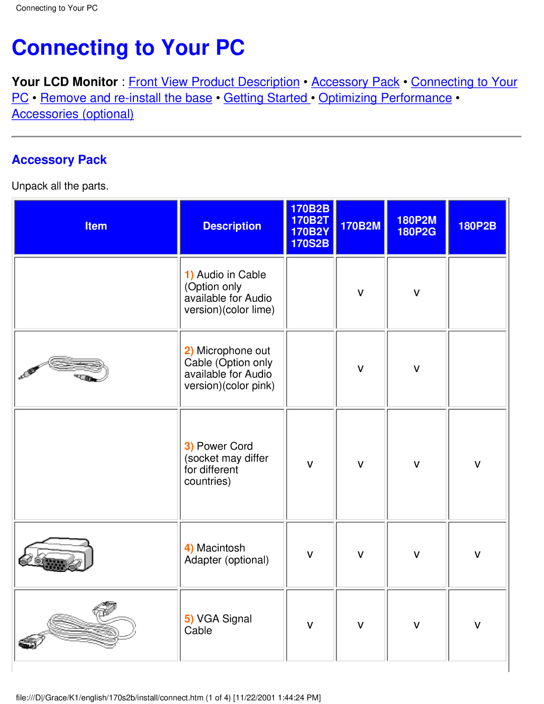 Philips 170S2B user manual Connecting to Your PC, Accessory Pack 