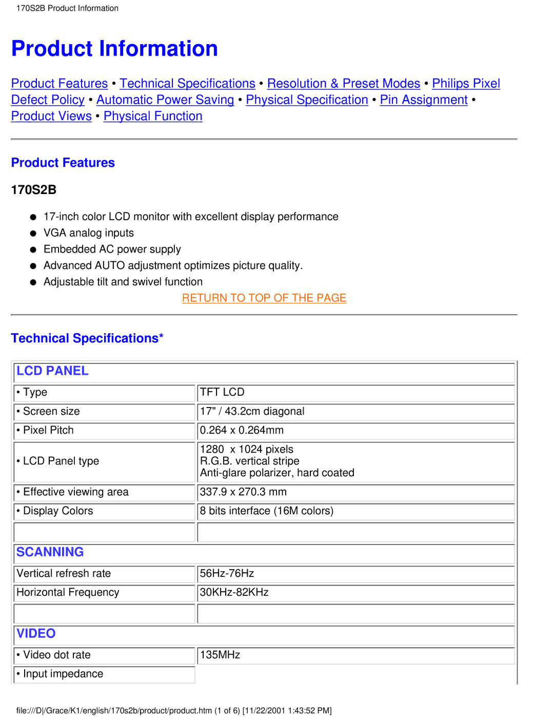 Philips 170S2B user manual Product Information, Product Features, Technical Specifications 