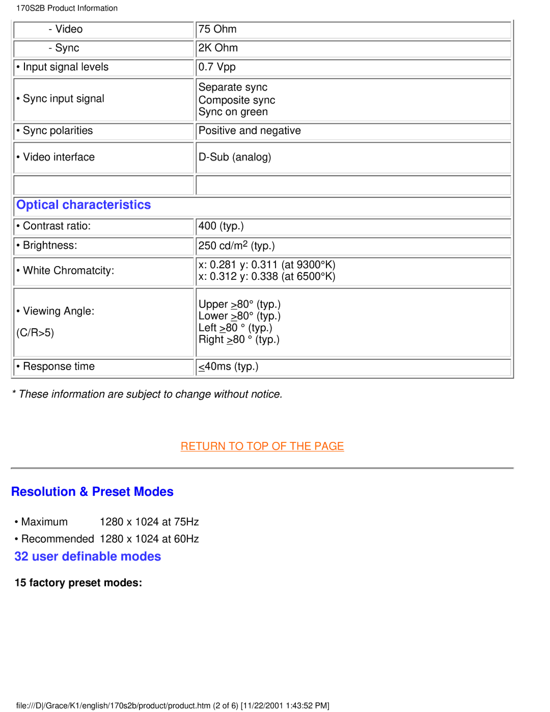 Philips 170S2B user manual Optical characteristics, Resolution & Preset Modes 