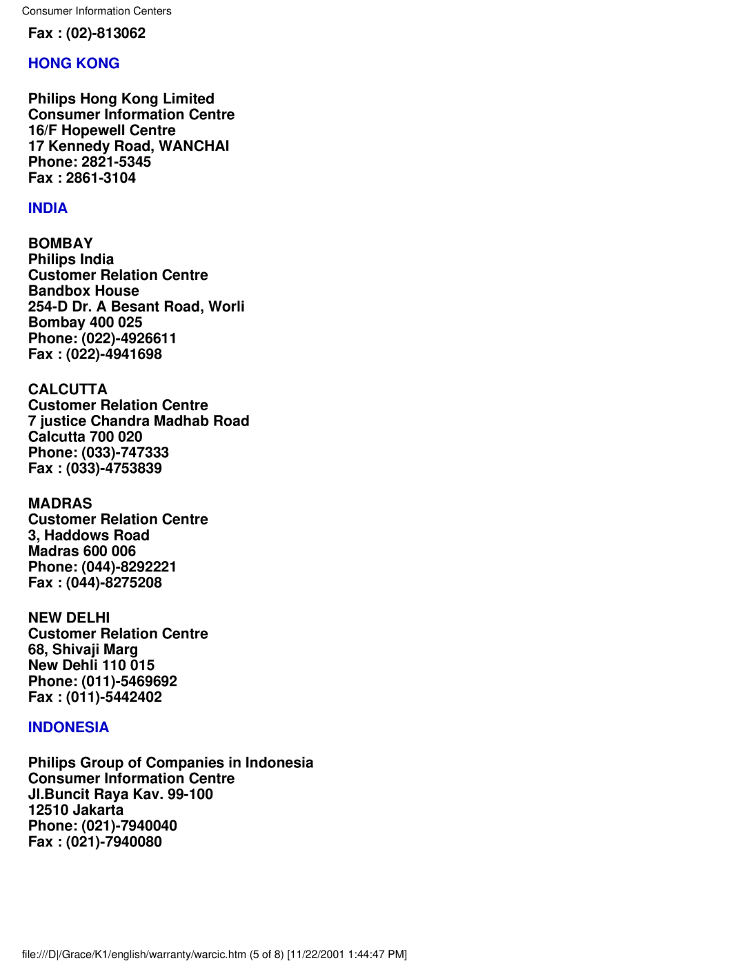 Philips 170S2B user manual Hong Kong 